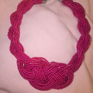 Braided Bead Statement Necklace - Fuchsia Pink
